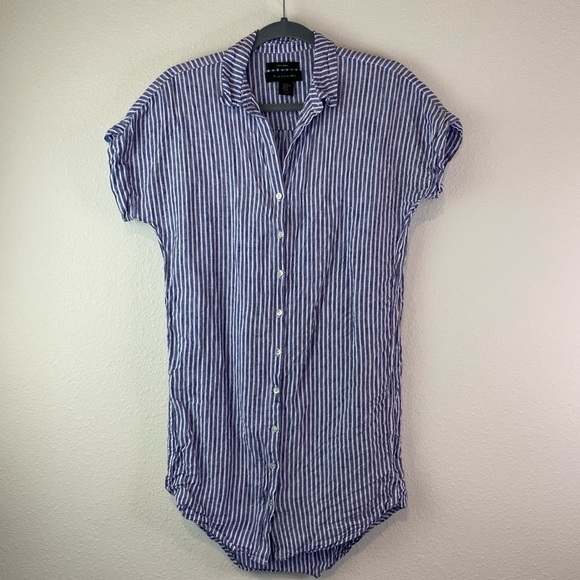 Tahari Button Down Dress Top Tunic Blue White Stripe Sz XS Linen Shirttail Hem - Picture 1 of 6